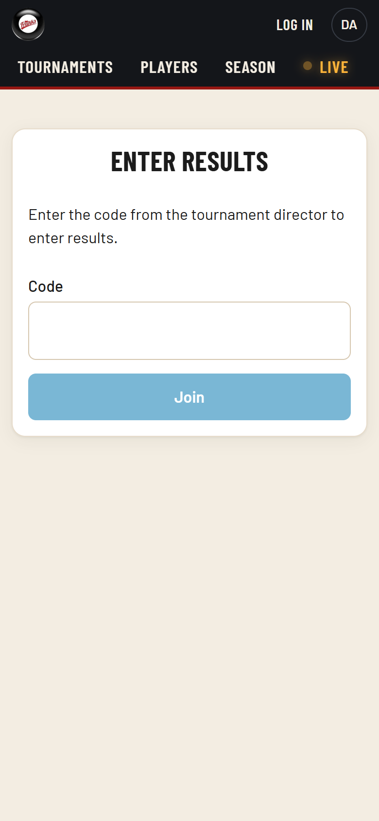 Phone screen titled Enter results, with a field for the code and a Join button.