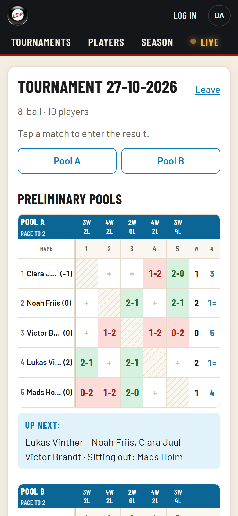 Phone screen showing pool A as a grid of results in green and red, each player's wins and rank, and an Up next box listing the next two matches and who sits out.